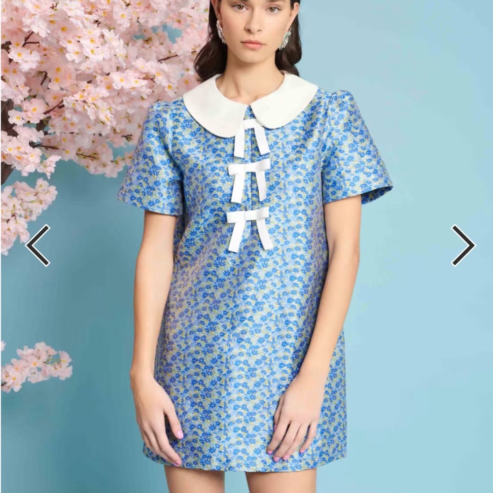 Sister Jane Blue jacquard Floral Peter Pan Collar Dress S